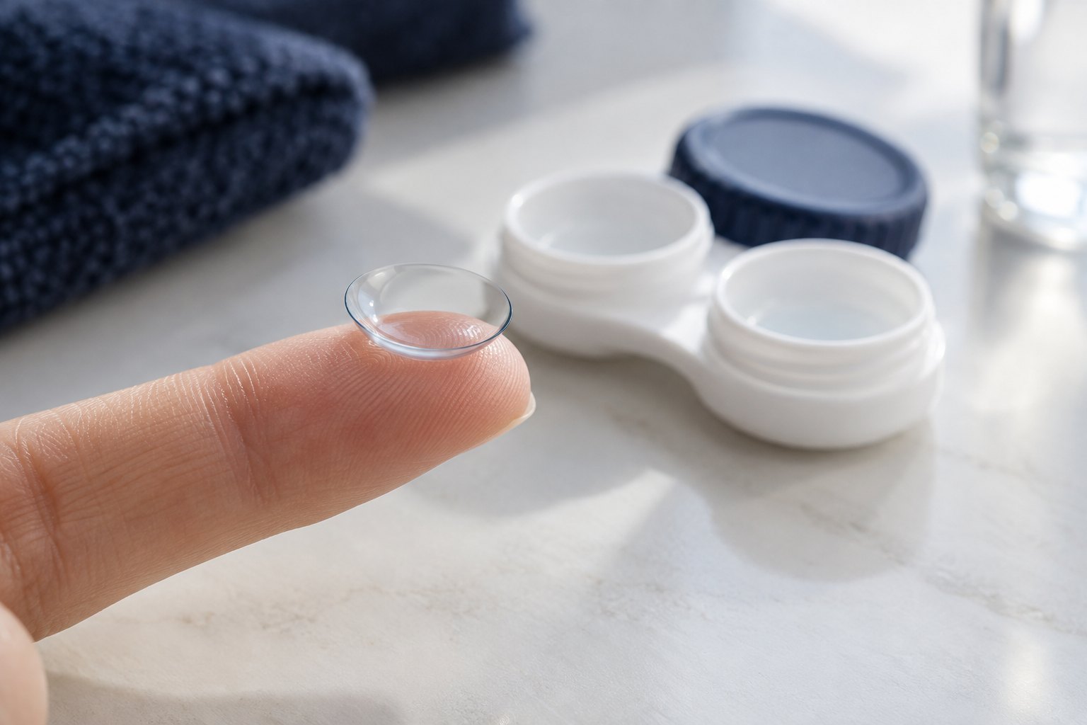 Temiz parmak ucunda yumuşak kontakt lens ve lens kabı; temsilî görsel